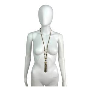 Vintage Gold Tone Green Beaded Tassel Necklace Signed NY